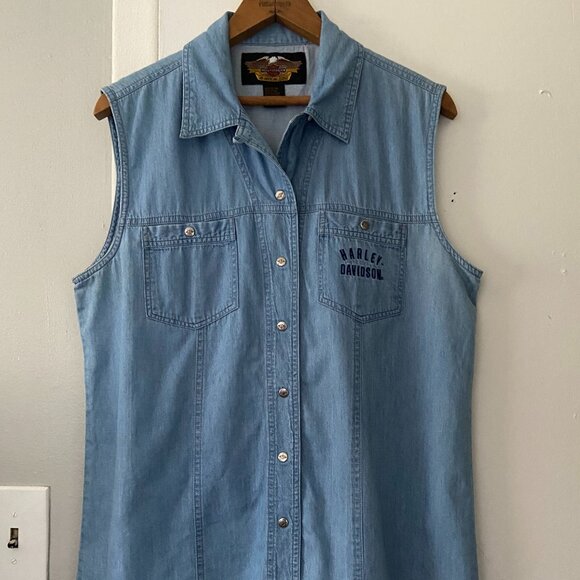 Vintage Harley Davidson Women's Blue Denim Snap Button-Up Vest Embroidered Large - Picture 1 of 10